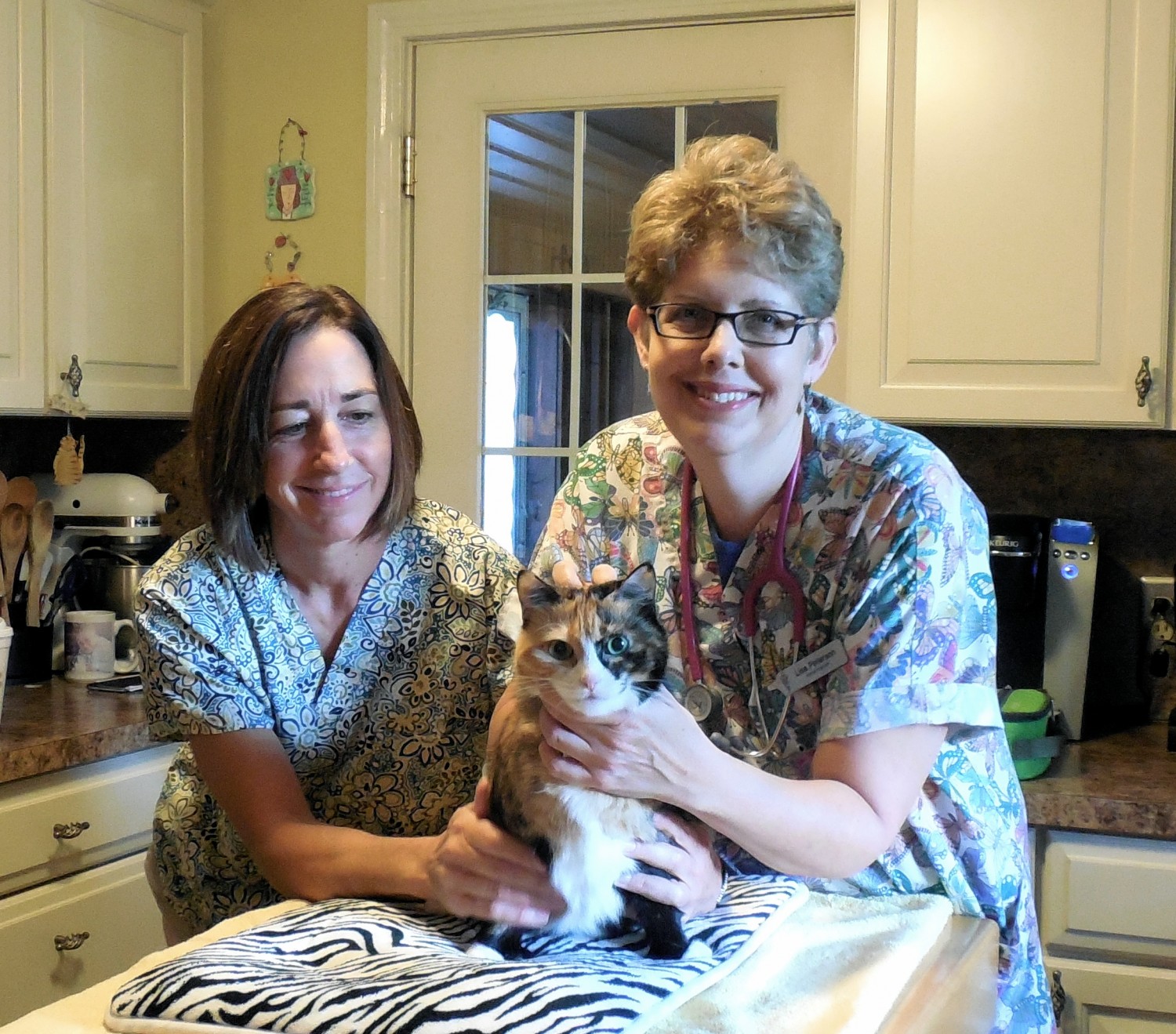 Dr. Peterson examines KItty at home with her veterinary assistant